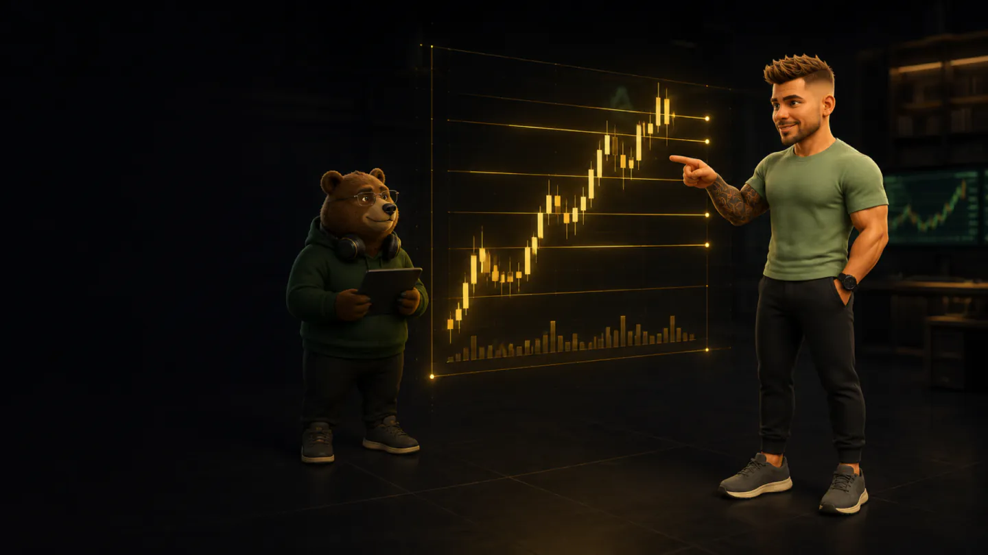 Fran Ruiz señala un gráfico de velas mientras el Oso toma notas