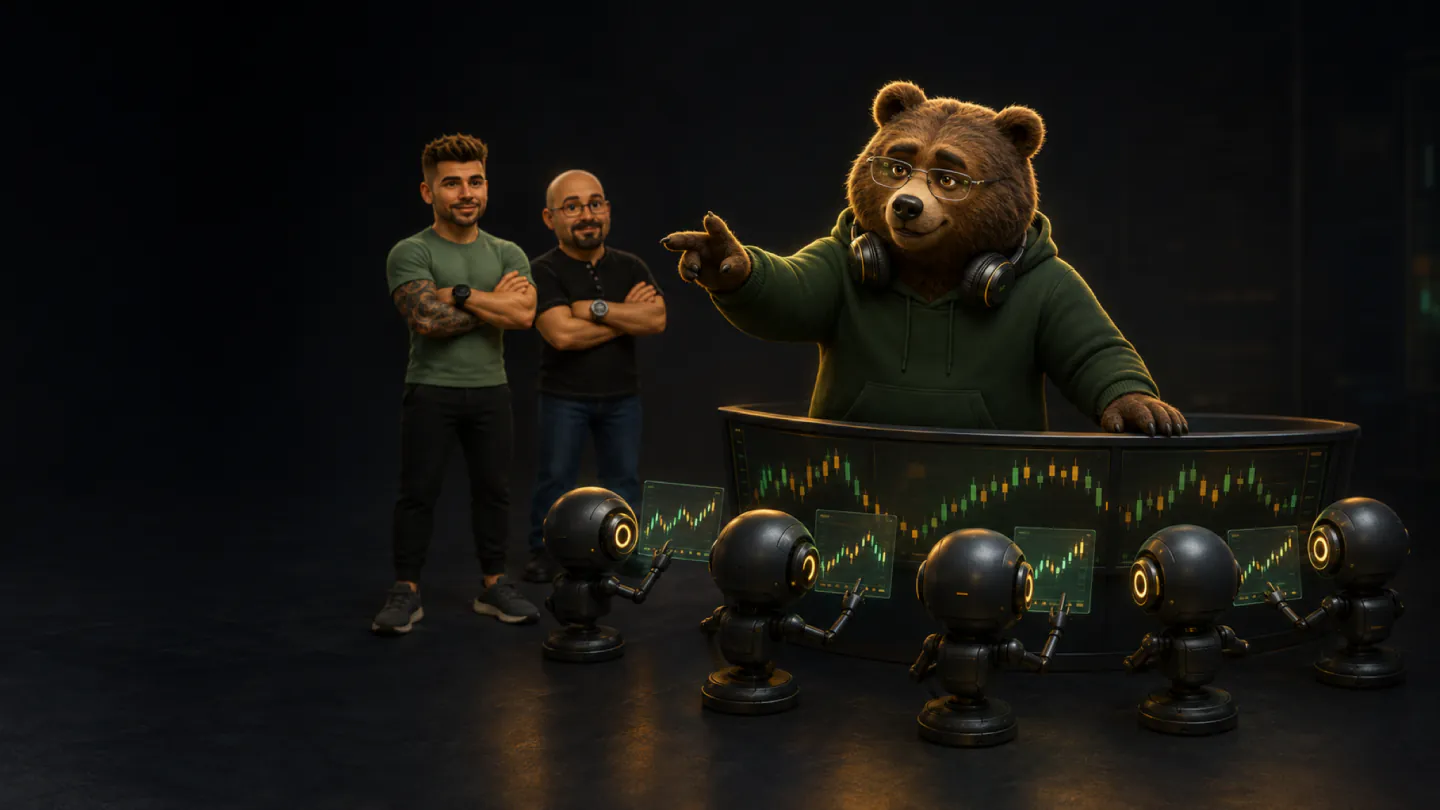 El Oso de Talent Academy junto a cinco robots que vigilan gráficos de velas